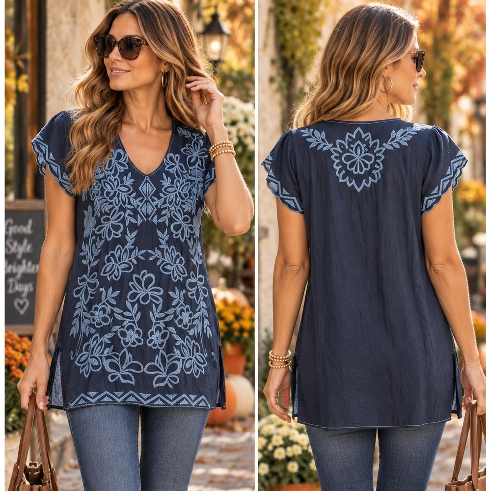 NWOT Johnny Was Womens S Navy Embroidered Cupra Tunic Floral Boho Blouse Top